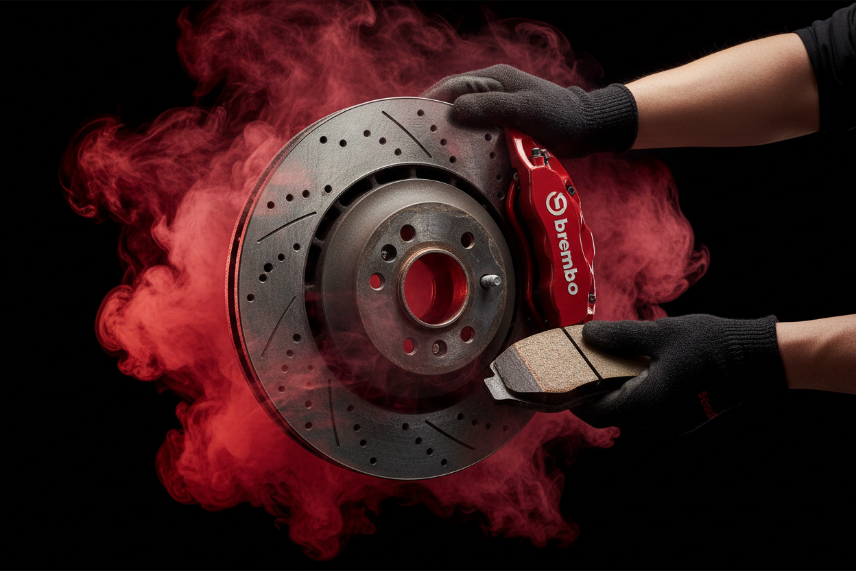 un mantenimiento de frenos que se vea real pero con fondo negro y humo rojo que se vea super autentico